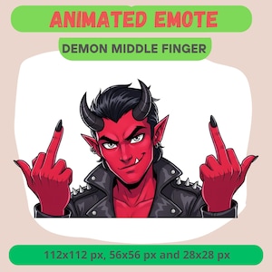 May include: Animated emote of a red demon with black horns and a black leather jacket, giving the middle finger with both hands. The image includes the text "ANIMATED EMOTE" and "DEMON MIDDLE FINGER". The image is available in 112x112 px, 56x56 px, and 28x28 px sizes.