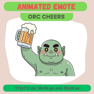 以下が含まれることがあります： ビールジョッキを掲げる緑色のオークのキャラクターのアニメーション絵文字。テキスト「ANIMATED EMOTE」と「ORC CHEERS」がオークの上に表示されています。画像にはサイズ仕様が含まれています：112x112 px、56x56 px、28x28 px。オークは幸せそうな表情をしています。