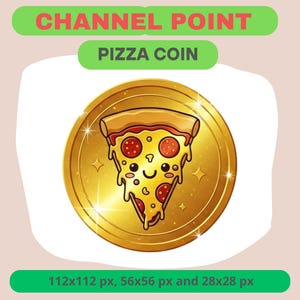 May include: A gold coin featuring a cartoon pizza slice. The pizza slice has pepperoni, a smiling face, and dripping cheese. The coin has the text "CHANNEL POINT" and "PIZZA COIN" in green and red text. The image also includes pixel dimensions.