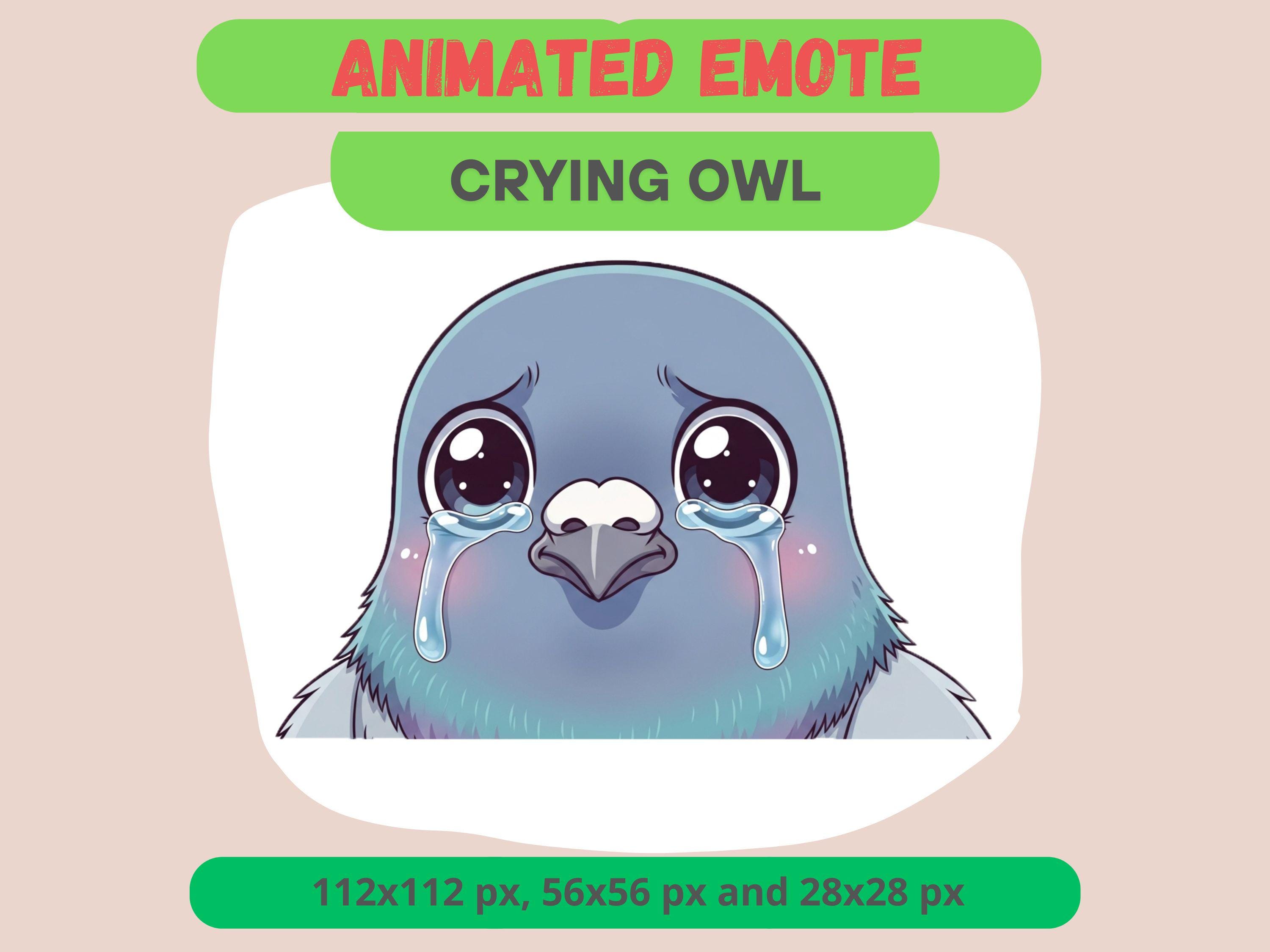 Animated Crying Owl Emote For Twitch, Cute Sad Owl In Tears, For Streamers, Silly Playful Chat GIF For Kick Streams, Kawaii Animal Sub Badge