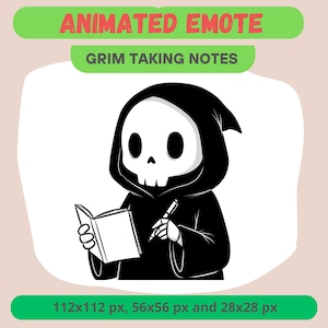 Sensenmann animiertes Emote für Streamer, Notizen machen GIF für Kick, Discord, Twitch, gruselige Death Note Reaktion, Halloween Abzeichen