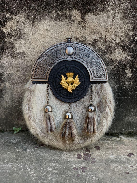 Scottish Golden Thistle Badge Sporran 3 Tassel Leather Kilt  display picture 1