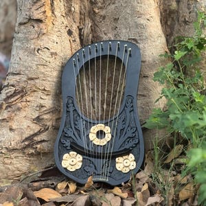 Rosewood Black Lyre 3 Gold Flower Lyre Harp 10 Strings with Free Tuning key and Bag