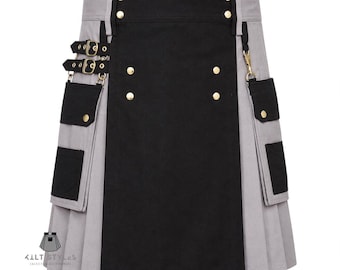 Falda escocesa utilitaria de algodón gris para hombre, estilo Highland, con bolsillos cargo y estilo gótico.