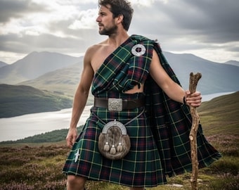 May include: A man in traditional Scottish attire, including a green, red, and yellow plaid kilt and matching shawl. He wears a brown leather belt with a silver buckle, a sporran, and green socks. He holds a wooden staff and stands in a mountainous landscape.