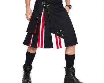 Men's American Flag Utility Kilt | USA Patriot Cargo Kilt | Black Tactical Scottish Kilt with Pockets Independence Day Kilt Size 28" to 62"