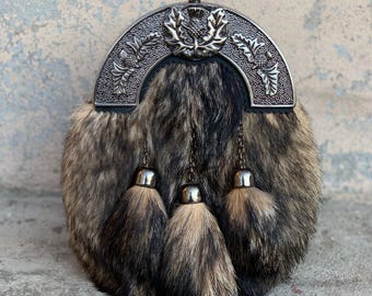 Skotsk antik tallrik för män Päls Sporran 3 Fur Tofs Kilt Sporran med kedja och bälte