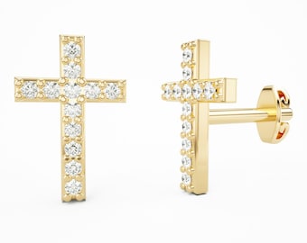 Tiny Cross Earrings 14K Gold • Dainty Solid Gold Studs • Minimalist Faith Jewelry for Her • Small Christian Earrings Gift