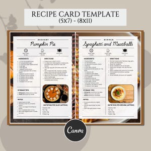 May include: A recipe card template with a spiral binding, featuring two recipes: Pumpkin Pie and Spaghetti and Meatballs. The template includes ingredient lists, directions, and nutritional information. The text "Canva" is at the bottom.