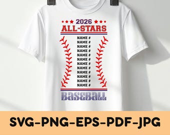 All Stars Baseball Svg | Personalized Name | Baseball Roster Svg | Baseball Team | Baseball Mom | All Star Svg | Baseball Shirt | Png Dxf