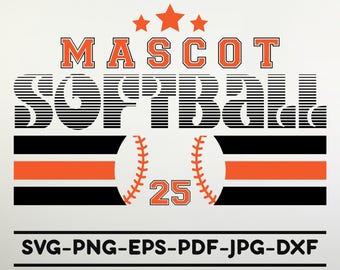 May include: A graphic design featuring the words "MASCOT SOFTBALL" in orange and black. The word "SOFTBALL" is stylized with horizontal lines. A baseball with the number "25" is in the center. The image also includes file type options.