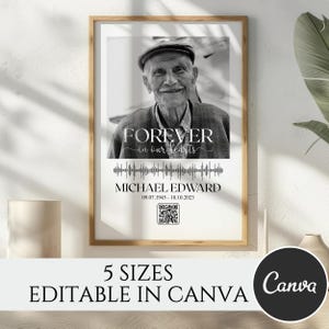 May include: A framed memorial print featuring a black and white photograph of an elderly man. The print includes the text "FOREVER in our hearts", a soundwave graphic, the name "MICHAEL EDWARD", and dates. The bottom text reads "5 SIZES EDITABLE IN CANVA".