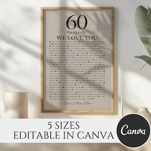 May include: A framed print with the text "60 reasons WE LOVE YOU" in a decorative font. The print includes a list of qualities and is signed "Dad, Alice, Tom." The bottom of the print says "5 SIZES EDITABLE IN CANVA" with the Canva logo.