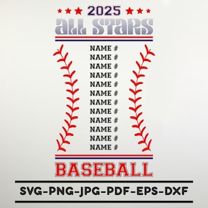 All Stars Baseball Svg | Personalized Name | Baseball Roster Svg | Baseball Team | Baseball Mom | All Star Svg | Baseball Shirt | Png Dxf