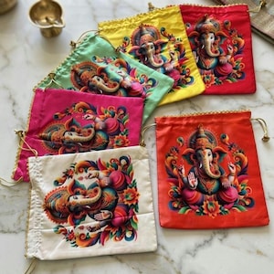 May include: A collection of six rectangular drawstring pouches in red, yellow, light green, pink, and white. Each pouch features a vibrant, multi-colored graphic print of the deity Ganesha seated in a lotus position, surrounded by ornate floral patterns.