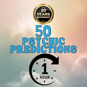 Può includere: Immagine con testo che recita "20 YEARS EXPERIENCE" in un distintivo circolare dorato e nero. Sotto, il testo "50 PSYCHIC PREDICTIONS" è in blu. Un grafico di orologio nero indica "1 HOUR". Lo sfondo è un gradiente di rosa, arancione e blu.