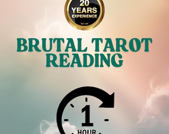 Könnte beinhalten: Werbung für einen Tarot-Leseservice. Das Bild zeigt den Text "BRUTAL TAROT READING" in Türkisgrün, mit einem gold-schwarzen Abzeichen mit der Aufschrift "20 YEARS EXPERIENCE". Eine Uhrgrafik zeigt eine einstündige Lesung an.