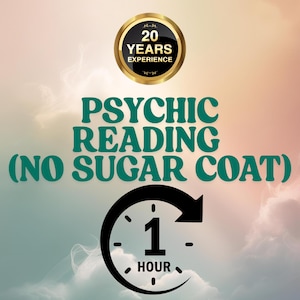 以下が含まれることがあります： 「20 YEARS EXPERIENCE」と書かれた金色の縁取りの黒い円の画像。 下には「PSYCHIC READING (NO SUGAR COAT)」と書かれています。 時計のグラフィックは「1 HOUR」を示しています。 背景はピンク、ピーチ、ブルーのグラデーションです。