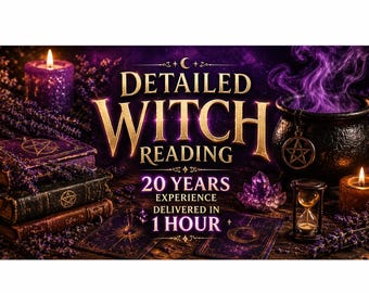 May include: A promotional image for a witch reading service. The image features a cauldron, candles, books, tarot cards, and an hourglass. The text reads "Detailed Witch Reading" with "20 Years Experience Delivered in 1 Hour."
