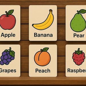 Cartes flash de fruits pour enfants. Cartes pdf imprimables pour les tout-petits à apprendre. 30 fruits et baies