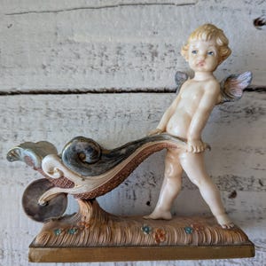 Vintage Despose Italy 187 Hand Painted Fontanini Cherub Angel with wheelbarrow cart - spider mark - collectible Italian Polymer Figurine