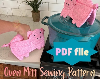 Patrón de costura para guante de cocina Piper Pig, patrón en PDF para principiantes con videotutorial.