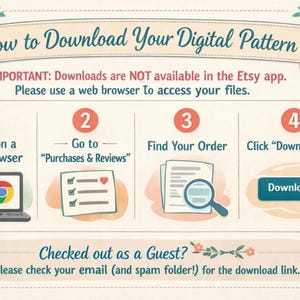 May include: An illustrated guide titled "How to Download Your Digital Pattern." It shows steps: log in on a web browser, go to purchases and reviews, find your order, and click download files. The image also includes a note about downloads not being available in the Etsy app.