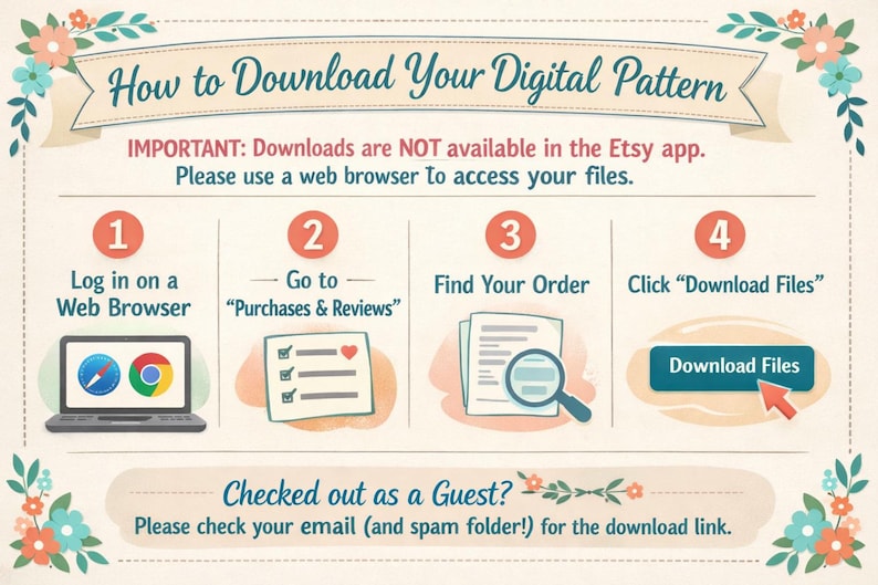May include: An illustrated guide titled "How to Download Your Digital Pattern." It shows steps: log in on a web browser, go to purchases and reviews, find your order, and click download files. The image also includes a note about downloads not being available in the Etsy app.