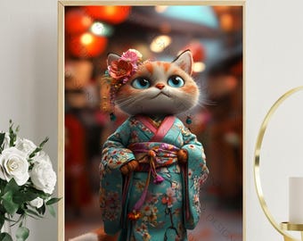 Cat in Kimono – Elegant Japanese-Inspired Animal Art - Zen Wall Art - Home Decor - Cat Lovers Gift - Feline Poster - Digital Download