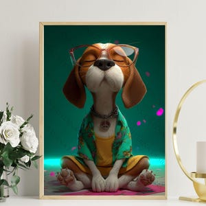 Beagle with glasses meditating. Cartoon dog meditating. Funny poster of a dog with clothes and a peace sign. Quirky Beagle wall art