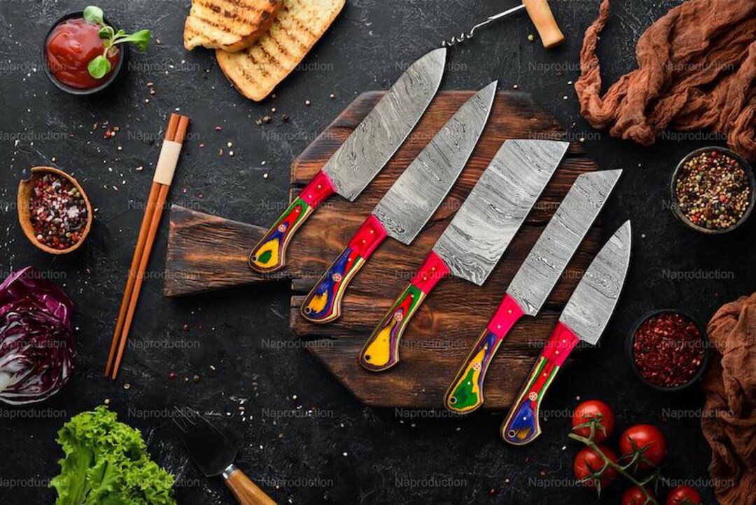 Custom Hand Forged 5-pcs Kitchen Cooking Tool Set, Damascus Steel Chef ...