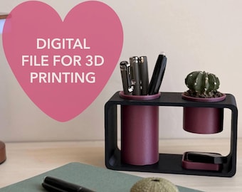 May include: A black and burgundy desk organizer with a pen holder, small plant pot, and a small tray. A spiral-bound notebook, pen, and sea urchin are on the desk. The image includes the text "DIGITAL FILE FOR 3D PRINTING" in a pink heart.