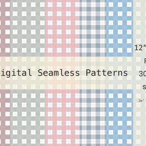 Puede incluir: Cinco patrones digitales sin costuras con un diseño de cuadrícula en malva, verde salvia, rosa, gris y azul. La imagen incluye el texto 5 Digital Seamless Patterns, 12"x 12", PNG, 300 DPI, sRGB y Jo' Lab Design sobre un fondo crema claro.