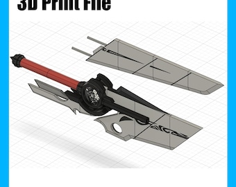 Può includere: Un file di stampa 3D di un design di spada. La spada presenta un'impugnatura rossa, un'elsa nera con dettagli intricati e due lame grigie. Il testo "3D Print File" è nella parte superiore dell'immagine.