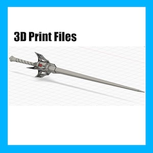 May include: A 3D model of a sword with a long, silver blade and a detailed hilt. The hilt features intricate designs and a red gem. The text "3D Print Files" is displayed above the sword.
