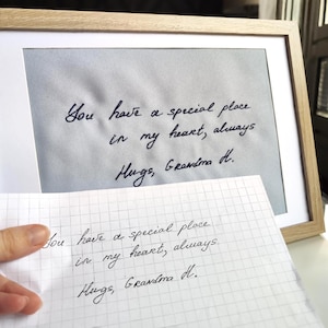 Benutzerdefinierte Handschrift Gedenkbrief gestickt, Andenken handgeschriebene Nachricht von der Großmutter genäht, Retro Familienbande Wandkunst gerahmt