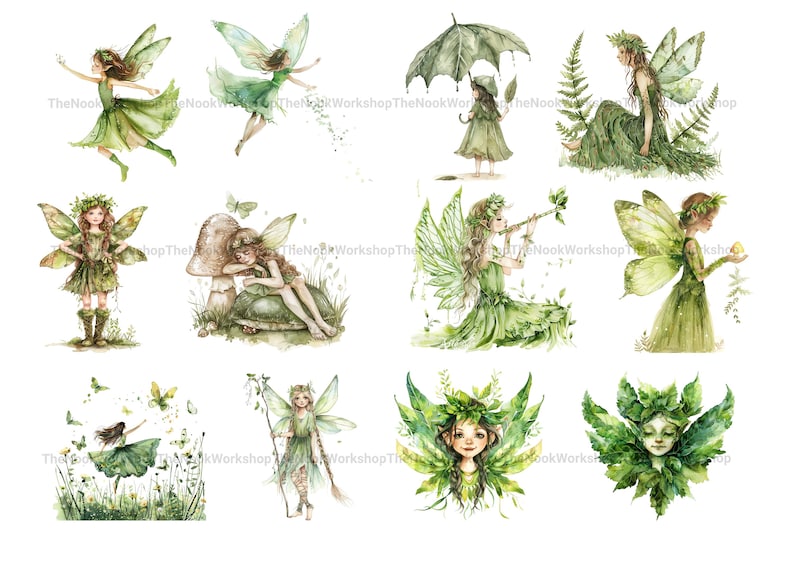 32 Green Forest Fairy Clipart PNG – Watercolor Raw Style Fairies With ...