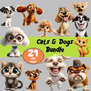 Cartoon Dogs and Cats Clipart Bundle – 21 Cute Pet PNGs for Kids Crafts, Stickers & Party Decor, pet bowls, collars and more
