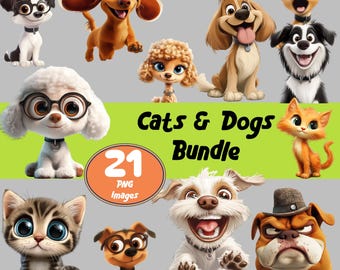 Cartoon Dogs and Cats Clipart Bundle – 21 Cute Pet PNGs for Kids Crafts, Stickers & Party Decor, pet bowls, collars and more