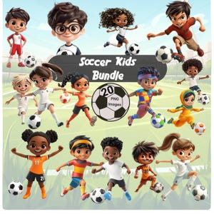 Cartoon Fußball Kinder Clipart Bundle - Jungen & Mädchen, die Fußball spielen 20 PNGs - Geburtstag, Party, Sportthema, weißer Hintergrund