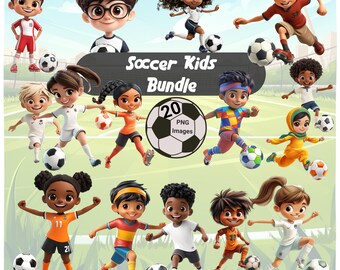 Cartoon Fußball Kinder Clipart Bundle - Jungen & Mädchen, die Fußball spielen 20 PNGs - Geburtstag, Party, Sportthema, weißer Hintergrund