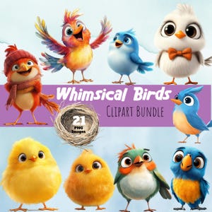 Skurrile Vogel Clipart Bundle - 21 Cartoon PNGs mit transparentem Hintergrund - süße Vögel zum Basteln, Kinder Projekte & Party Dekor