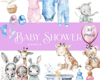 Zachte pastel babyshower clipartbundel – aquarel babyartikelen en dieren png's voor knutselen en kinderkamerinrichting