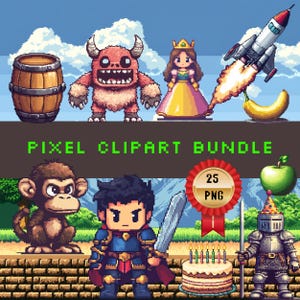 Retro 8-bits pixelart-clipartbundel – Klassieke videogamefeeststickers en verjaardagsdecoratie 25 png-bestanden