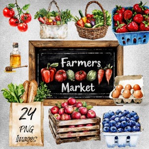 Pacchetto di clipart acquerellate del mercato agricolo - 24 PNG con prodotti freschi, cartelli e cestini - Grafica rustica per bancarelle di fattoria per artigianato e decorazioni