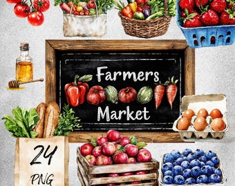 May include: Watercolor illustration of a farmer's market scene. Features a chalkboard sign with "Farmers Market" text, baskets of produce, tomatoes, strawberries, apples, blueberries, and eggs. A paper bag reads "24 PNG Images".