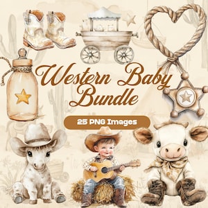 Neutrale babycowboy en cowgirl-clipart – 25 aquarel westerse png-bestanden – rustiek kinderdagverblijf, babyshower, thema wilde westen