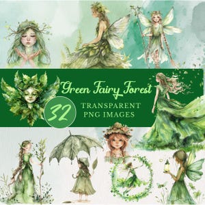 32 cliparts de fée de la forêt verte PNG – aquarelle de fées de style brut avec des ailes, créatures magiques pastel, art de la forêt fantastique pour travaux manuels
