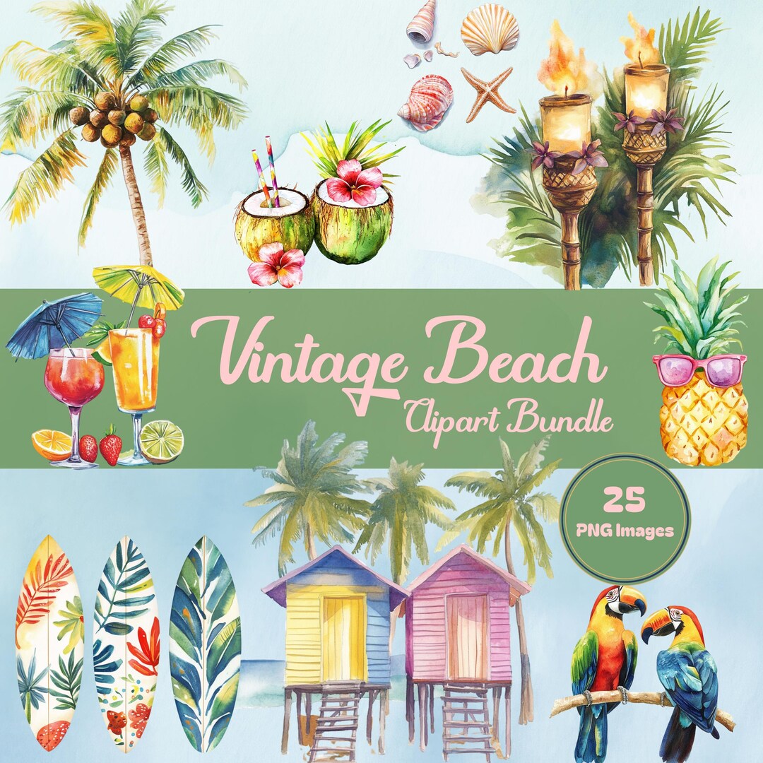 Palm & Beach Clipart Bundle – 25 Watercolor Tropical Pngs With White ...