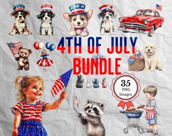 4th of July Clipart Bundle | Hand-Drawn Colored Pencil Characters | Cute USA Animals & Kids | Patriotic Digital Download 35 PNG